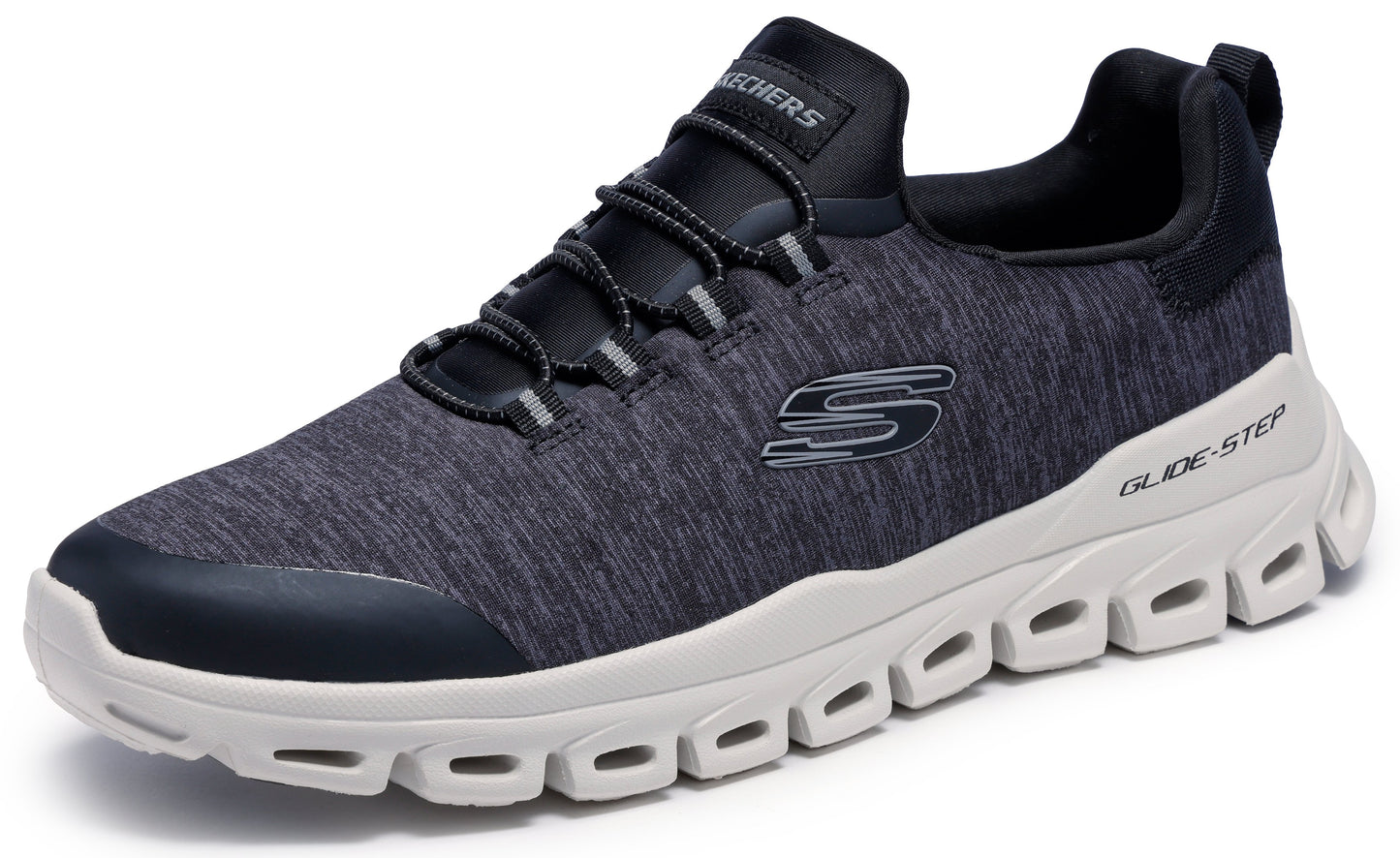 A gray athletic shoe with a black synthetic toe cap, tongue, and laces, featuring a thick, white, geometric Glide-Step foam midsole with side cutouts and a dark gray S logo on the side.