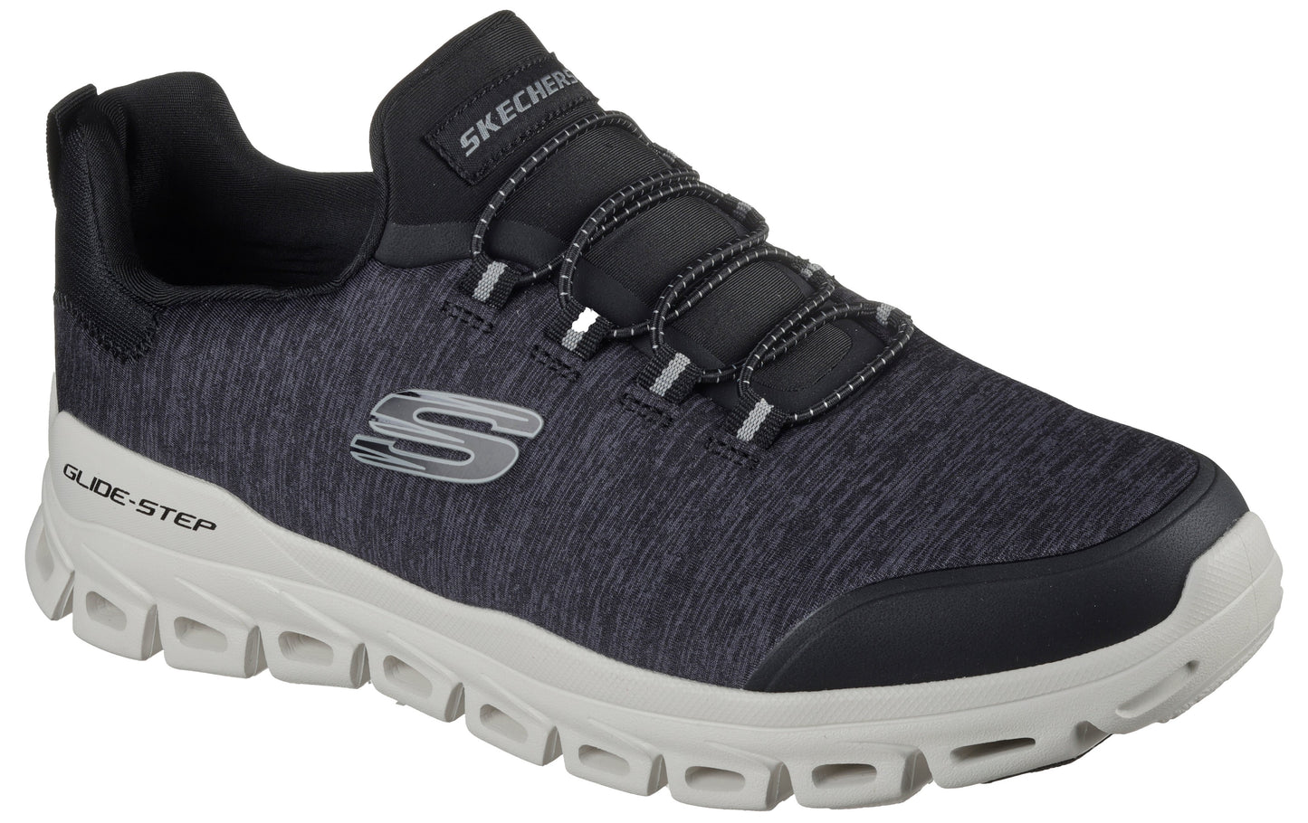 A gray and black slip-on athletic shoe with a white, geometric-patterned Glide-Step sole and a prominent S logo on the side.