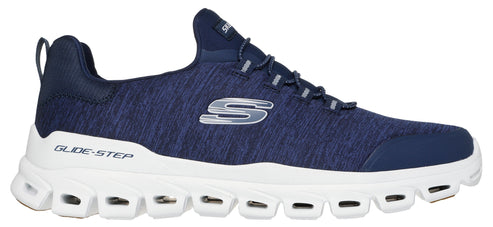 A navy-blue athletic shoe with a white sole.