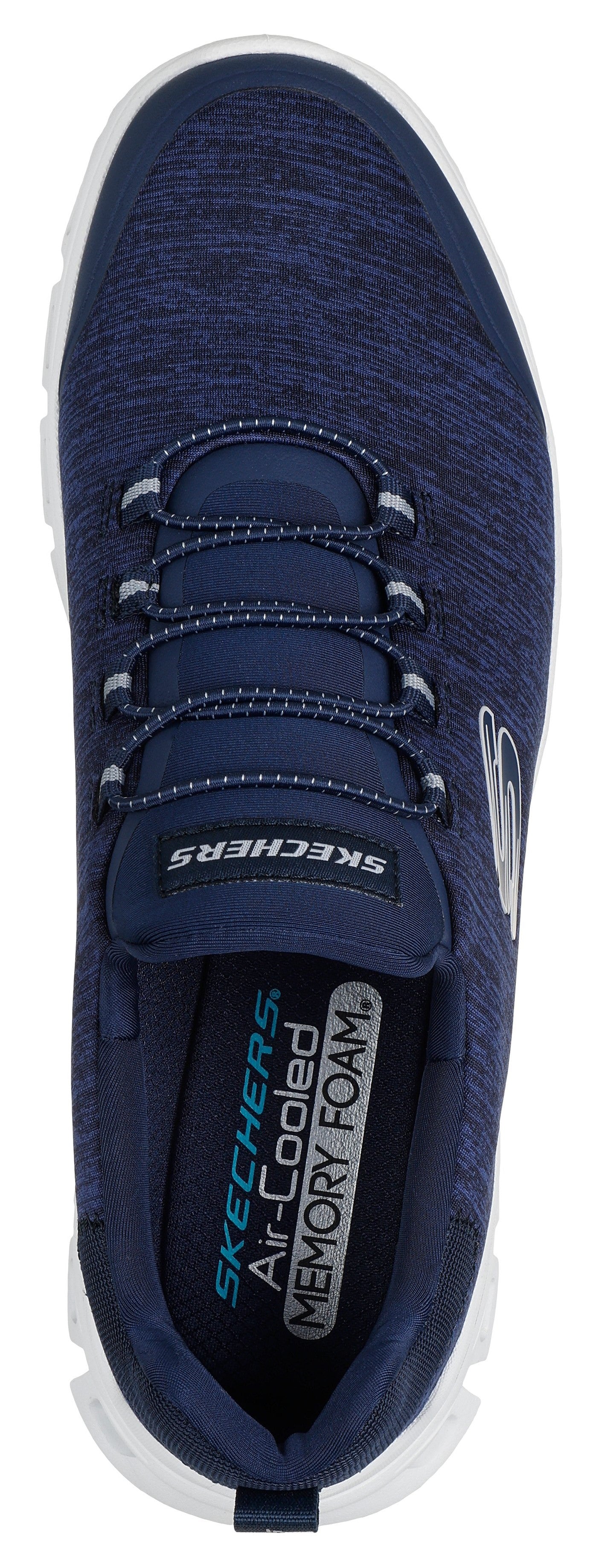 Top-down view of a navy shoe with white cushioned soles and laces, showcasing "SKECHERS Air-Cooled MEMORY FOAM" on the insole.