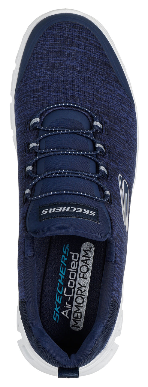 Top-down view of a navy shoe with white cushioned soles and laces, showcasing "SKECHERS Air-Cooled MEMORY FOAM" on the insole.