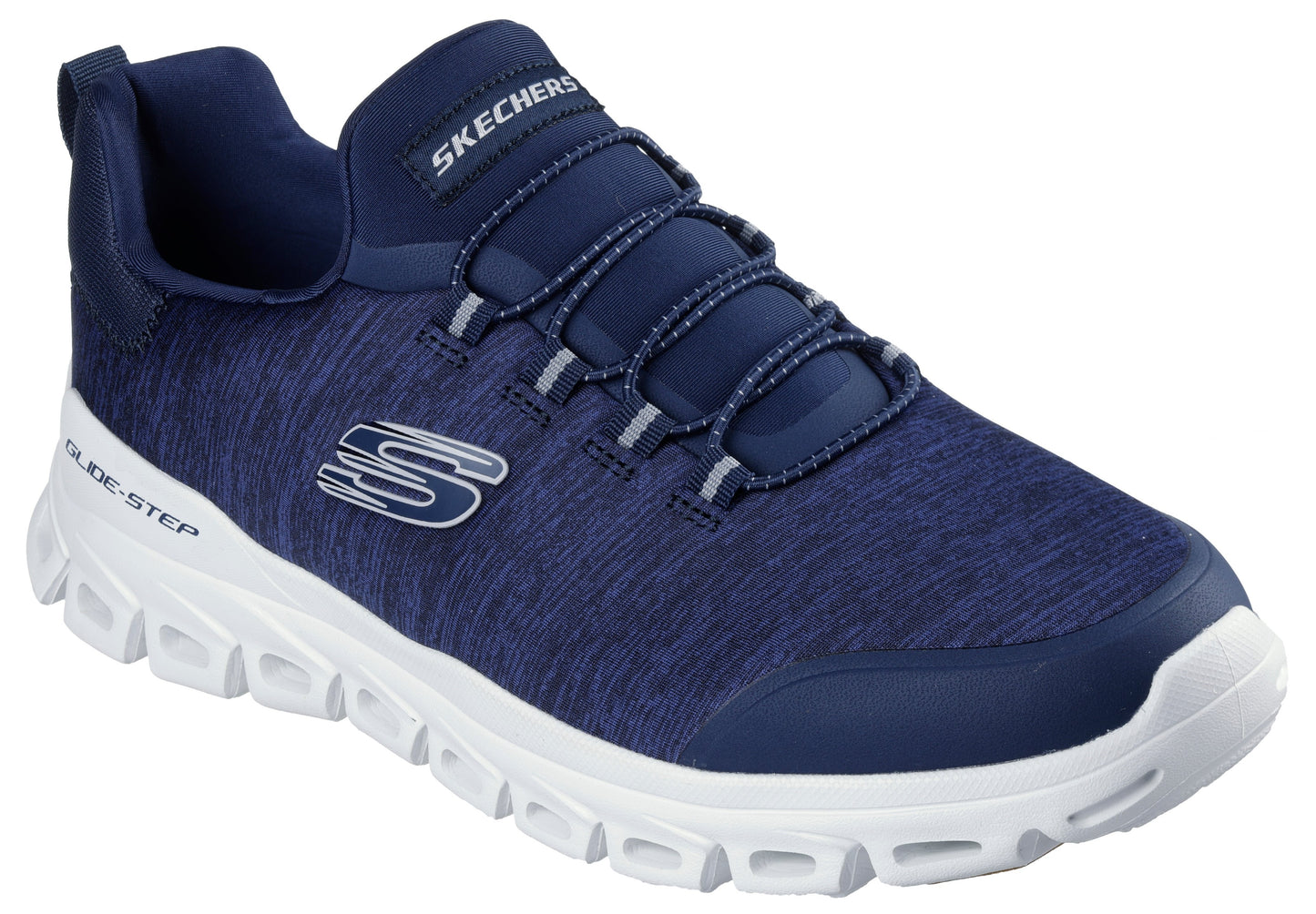 Low top sneaker with white textured soles, navy blue upper, stretch laces, and 'SKECHERS' text.