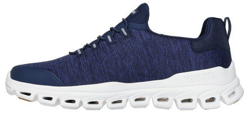 A navy blue athletic shoe with a white sole.