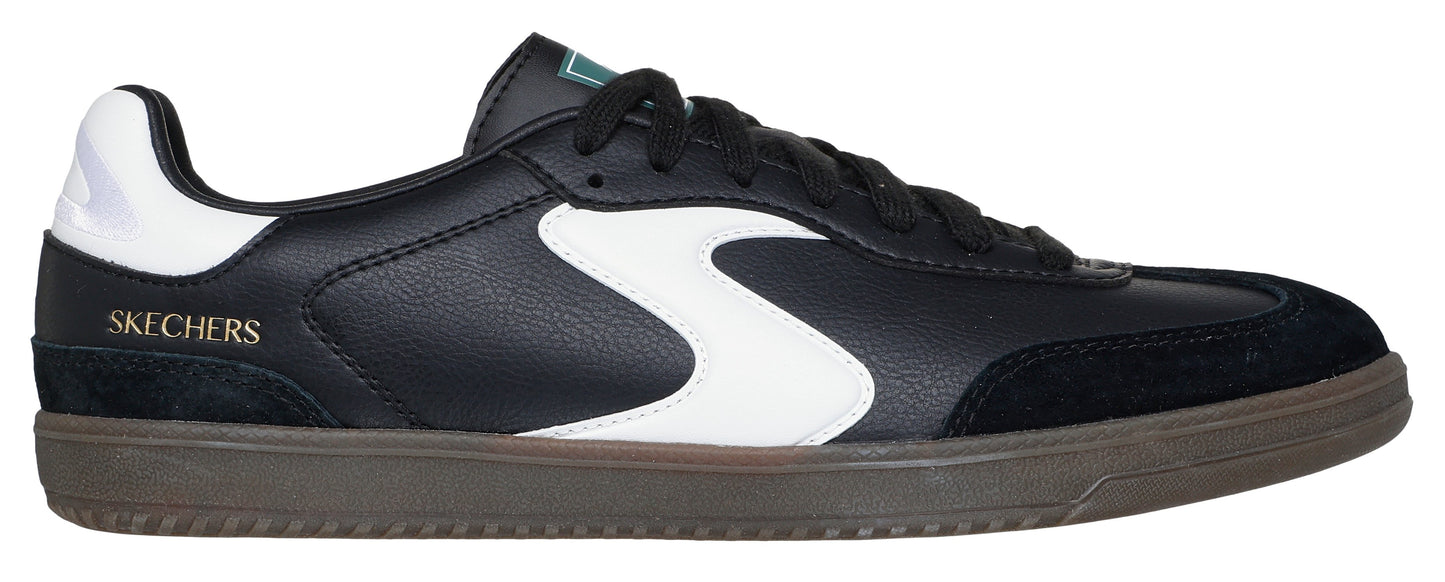 A black sneaker with a white "S" logo and a white heel.