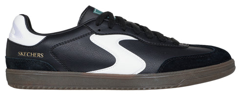 A black sneaker with a white "S" logo and a white heel.