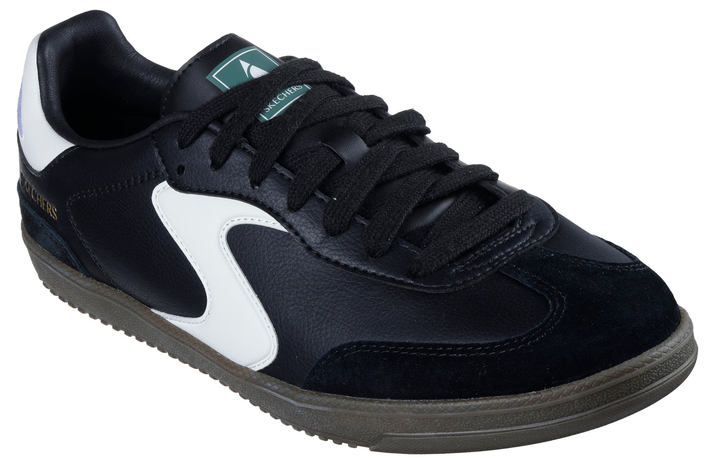 Black sneaker with a white stripe on the side and the word "SKECHERS" in gold lettering on the back.