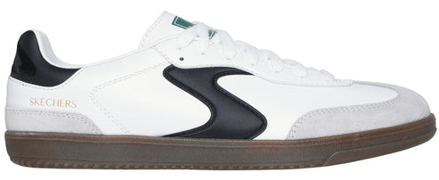 A white sneaker with black accents and a brown sole.