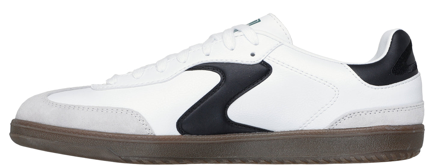 A white sneaker with a black detail and a brown sole.