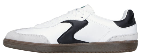 A white sneaker with a black detail and a brown sole.