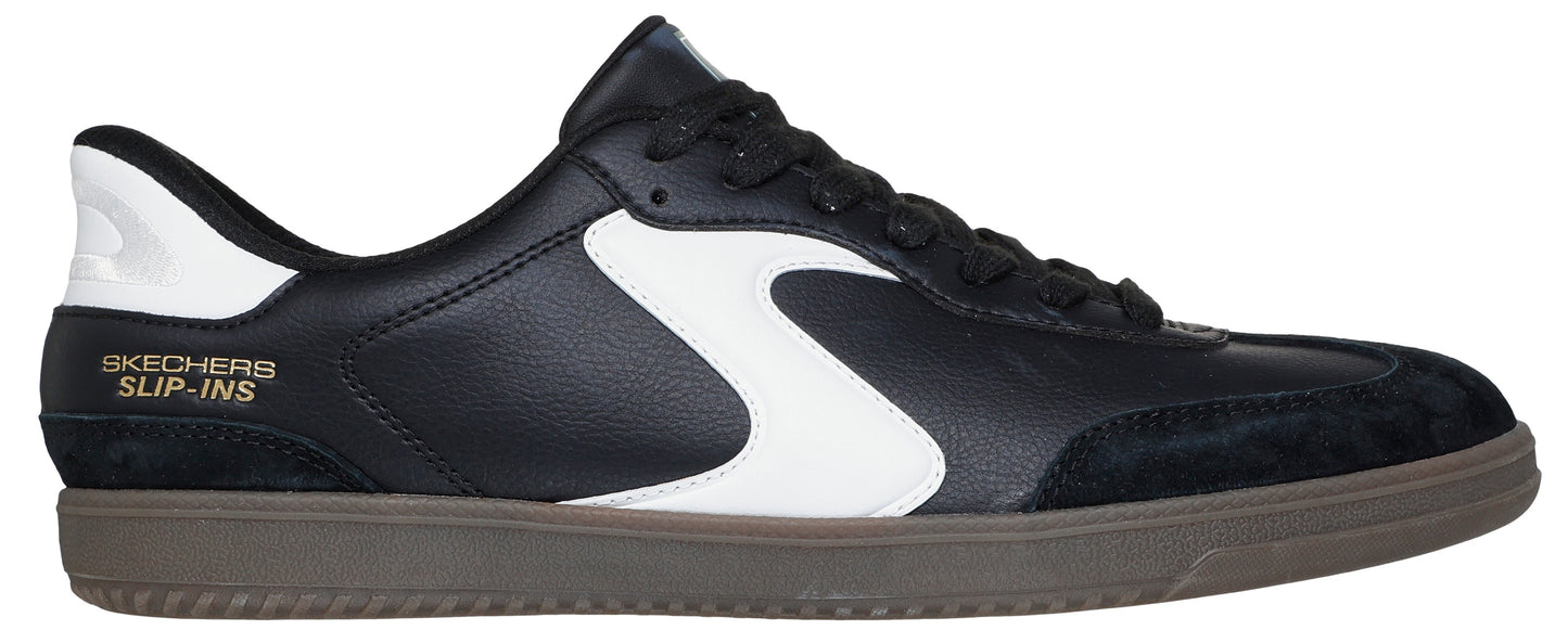 A black leather shoe with white "S" detailing and laces.