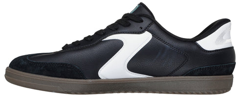 A black sneaker with a white side accent and brown sole.