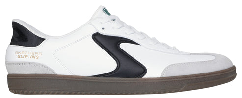 A white sneaker with black and gray accents.