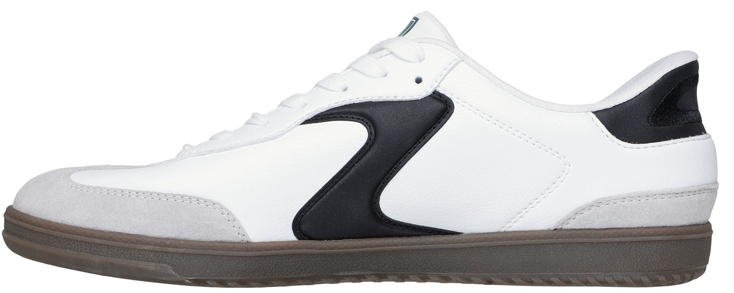 A white sneaker with black accents and a gray sole.
