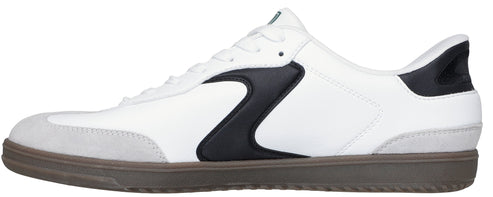 A white sneaker with black accents and a gray sole.