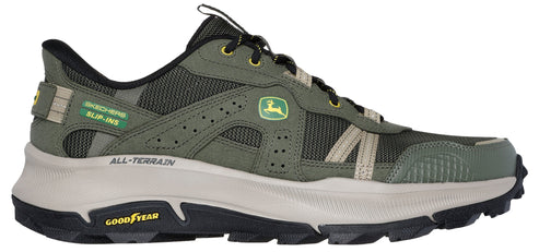 A green trail-running shoe with a white midsole and black outsole, featuring the John Deere logo.