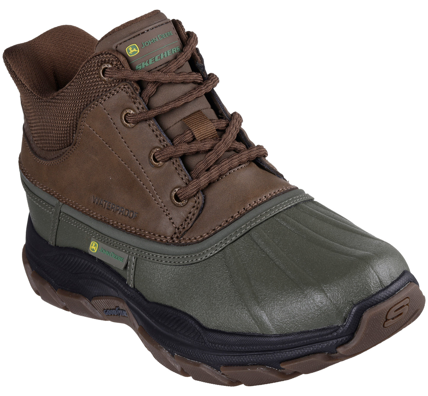 Olive and brown boot with a lace-up closure and a black lug sole. Visible text: "waterproof".