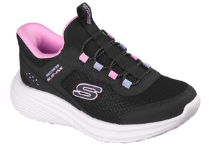 Black slip-on sneaker with a white sole, pink lining, and pink and lavender accents.