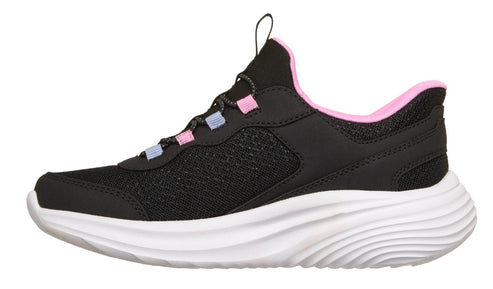 A black athletic shoe with a white sole, a pink accent around the ankle opening, and laced with pink and lavender accents.
