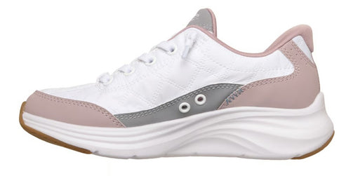 A women's white sneaker with pink and gray accents, laces, and a thick white sole.