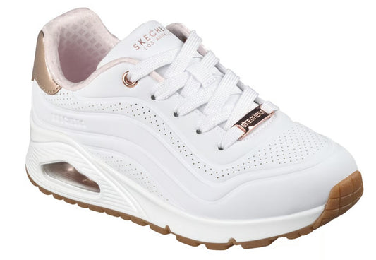 White sneaker with brown sole and metallic accents.