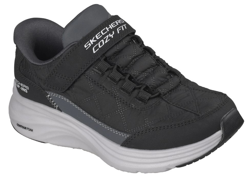 Black COZY FIT shoe with gray trim and white soles.