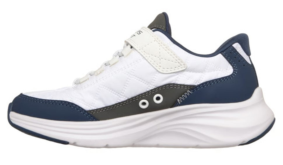 A white sneaker with a blue trim and a velcro strap.