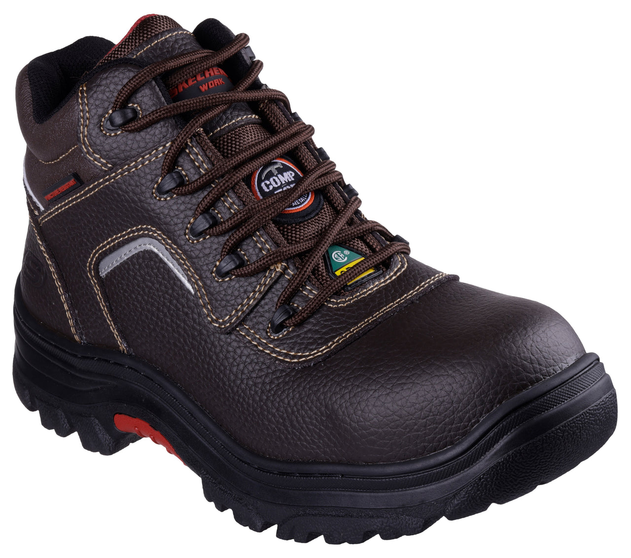 A brown leather work boot with a composite toe, lace-up closure, high ankle support, and a black sole with red accents.