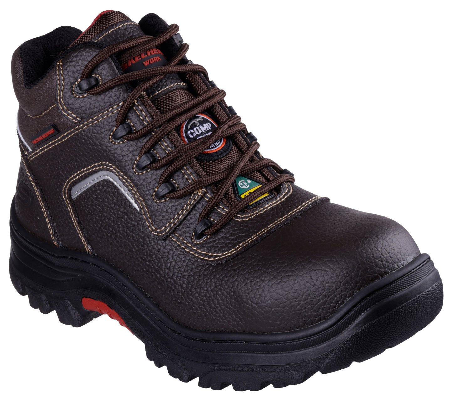A brown leather work boot with a composite toe, lace-up closure, high ankle support, and a black sole with red accents.