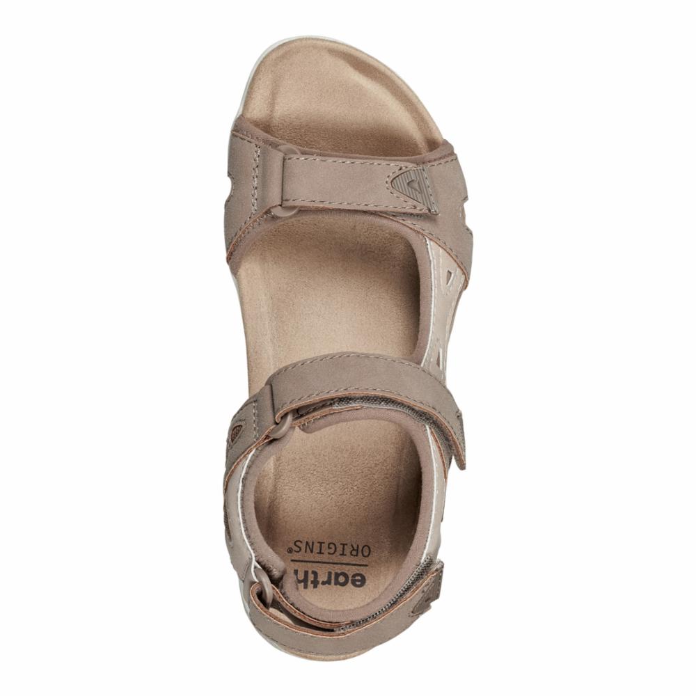 Top-down view of a taupe-colored sandal with multiple velcro straps, revealing the insole marked with 'EARTH ORIGINS'.