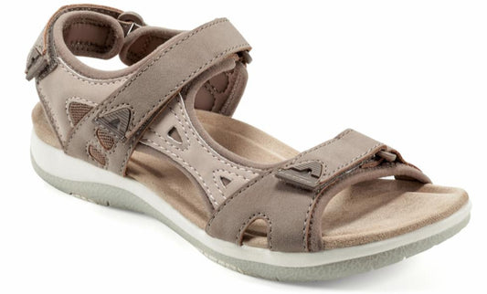 Tan sandal with adjustable hook-and-loop straps.