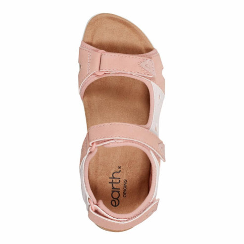 Top view of a pink sandal with hook and loop straps and visible logo of "earth ORIGINS".