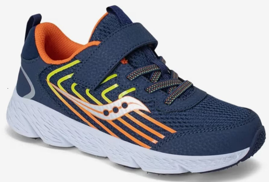 A blue athletic shoe with orange interior and white sole, featuring a velcro strap.