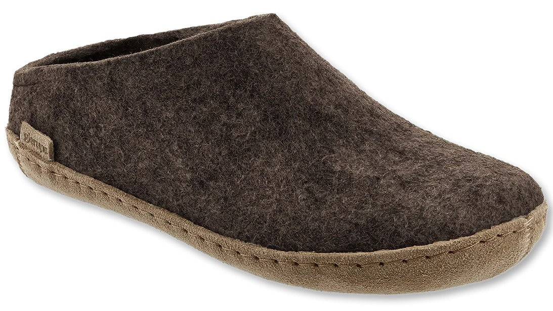 A brown felt slip-on slipper with a tan suede sole and stitching around the edge.