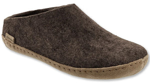 A brown felt slip-on slipper with a tan suede sole and stitching around the edge.
