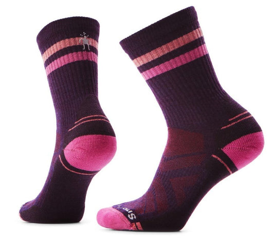 Two purple socks with pink accents, positioned side by side.