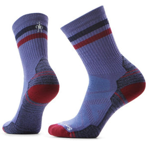 Pair of purple crew-cut socks with maroon toes and heel, and black and maroon stripes near the top.