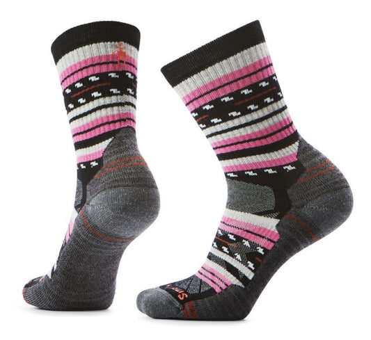 A pair of gray socks with black cuffs, white and pink stripes, and a geometric pattern.