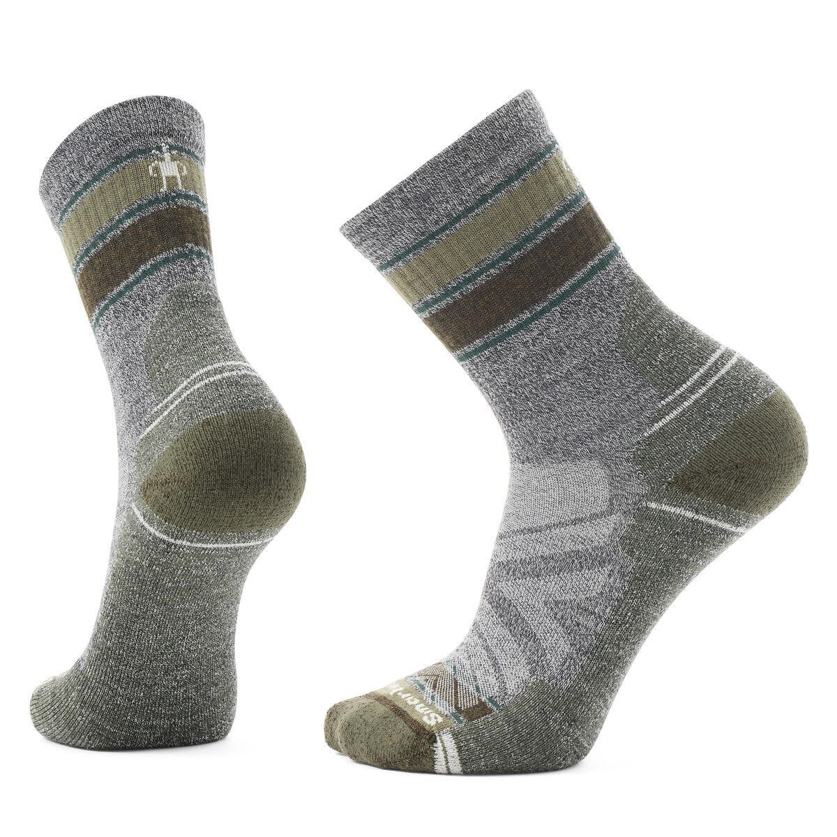 Pair of gray crew socks featuring green and brown stripes.
