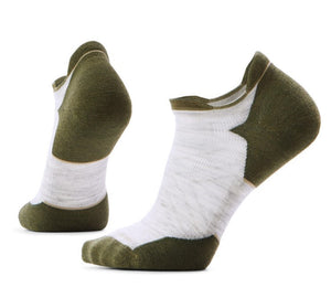 Two no-show socks, one on its side and one standing up, with dark green toes and heels, and a white body.