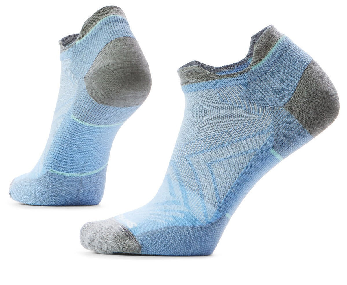 Two light blue socks with gray heel and toe, in a low cut style.