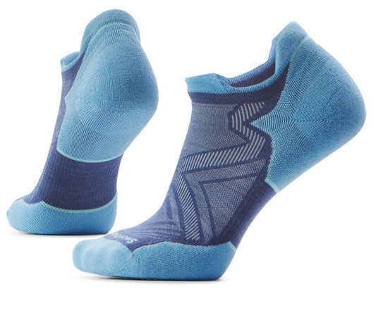 Two athletic socks, one with the heel facing the viewer, and one showing the side and top, patterned with geometric shapes and light blue trim.