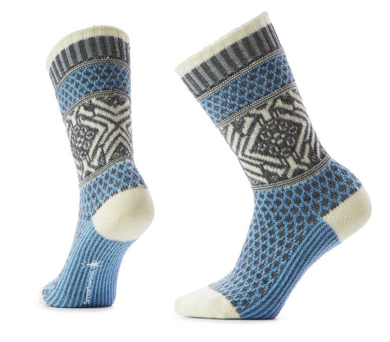 Two woolen socks with blue, gray, and white snowflake designs.
