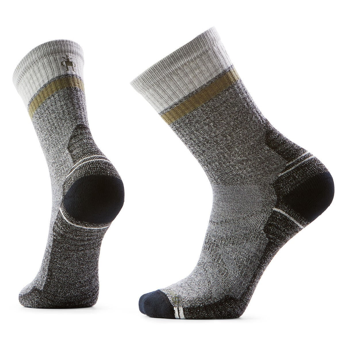 A pair of gray hiking socks with a cushioned heel and toe. Each sock has a grey cuff with a gold ring below it.