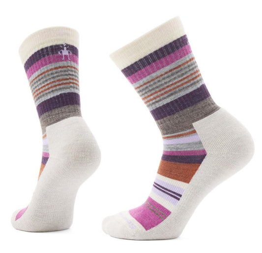 Two white socks, each with horizontally striped band of purple, pink, gray, and brown. The toe and heel are reinforced with pink material.