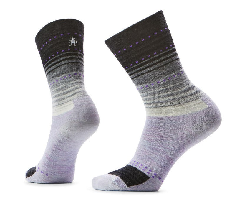 Two pairs of women's crew socks featuring gray, black, and lavender horizontal gradient stripes.