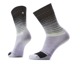 Two pairs of women's crew socks featuring gray, black, and lavender horizontal gradient stripes.