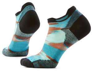 Two low-cut socks with blue and brown tie dye, black heel and toes.