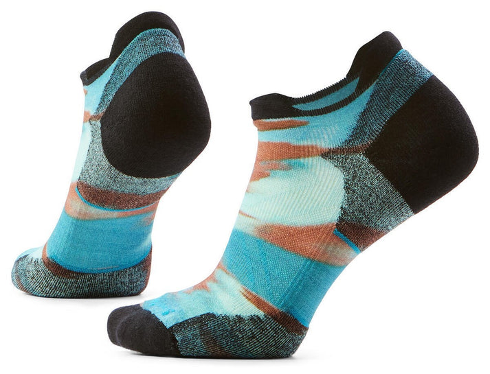 Two low-cut socks with blue and brown tie dye, black heel and toes.