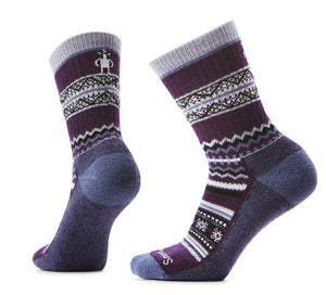 Pair of crew socks with a gray top and toe, and purple body with gray and white decorative patterns.