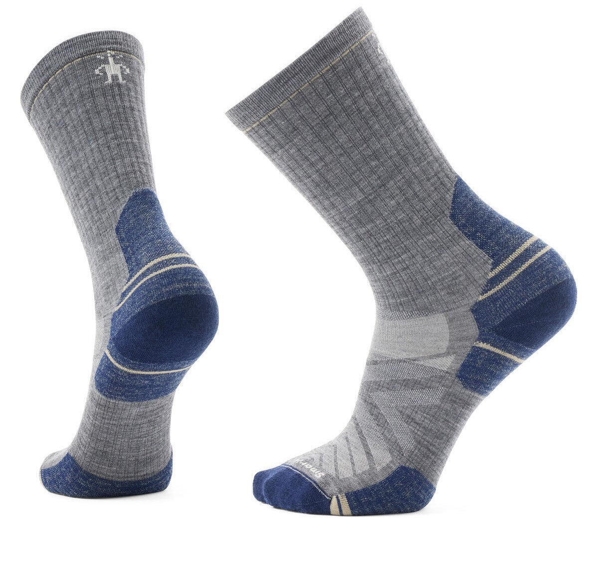 Two gray socks with blue heels and toes, showing the logo near the top of one sock.